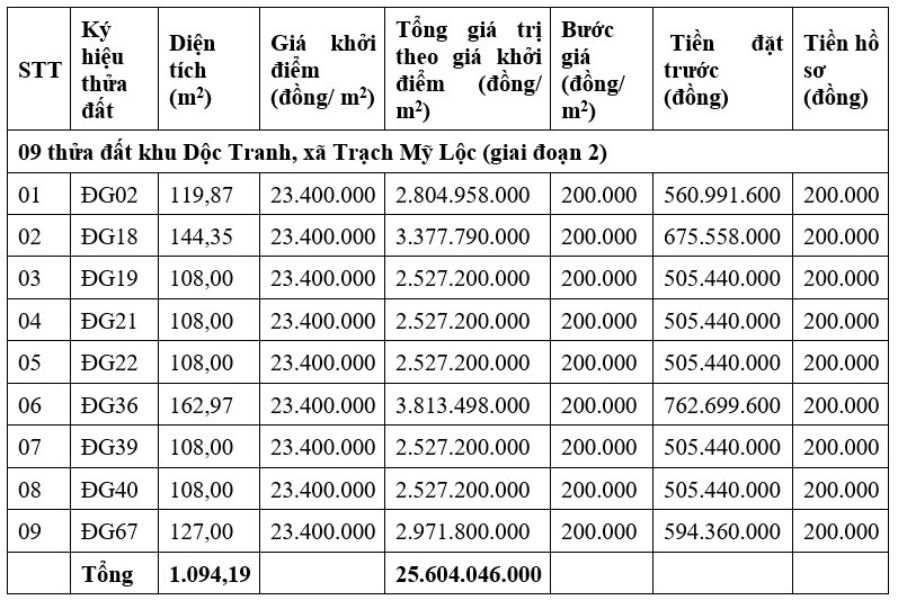 Cac thua dat trong phien dau gia ngay 7.3.2025. Anh chup man hinh