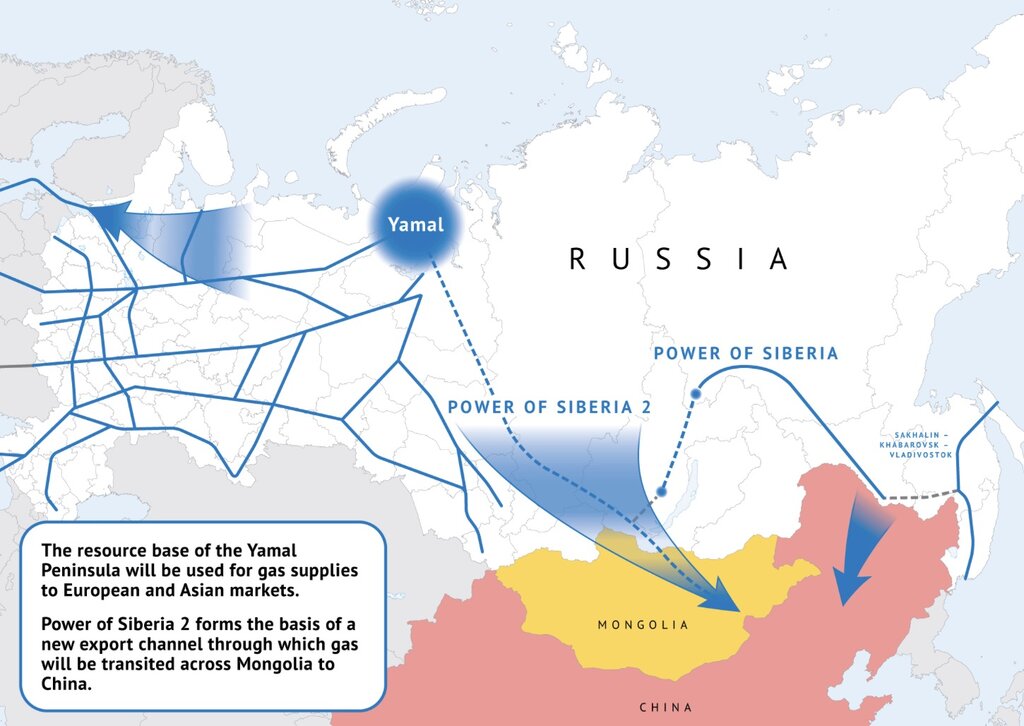 Vi tri cua duong ong dan khi Suc manh Siberia 2 trong he thong duong ong cua Nga. Anh: Gazprom