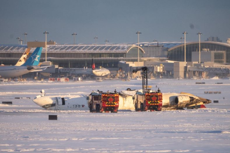 The plane overturned at Toronto Pearson International Airport, Canada. Photo: AFP