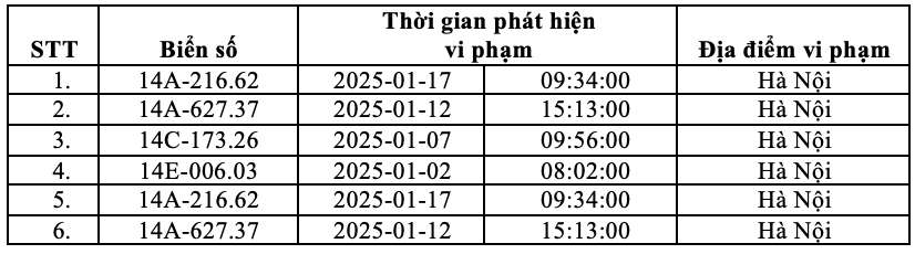 Danh sach phuong tien bien Quang Ninh bi phat nguoi thang 1.2025 CATP tai Ha Noi. Nguon: Cong an Ha Noi