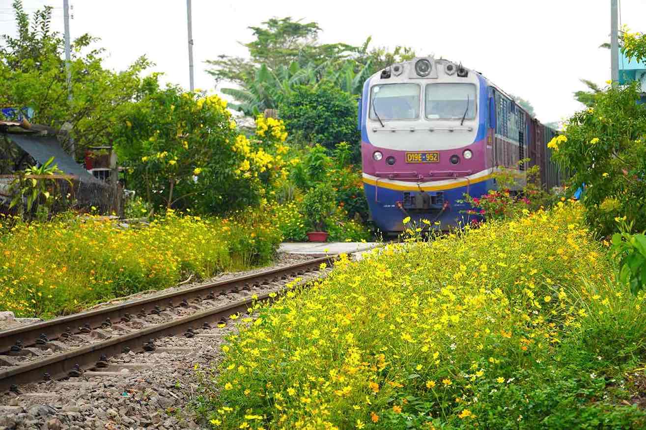 Mot doan tau di qua duong hoa duoc cong nhan lao dong nu Doi duong sat Bien Hoa trong nam 2024. Anh: HAC