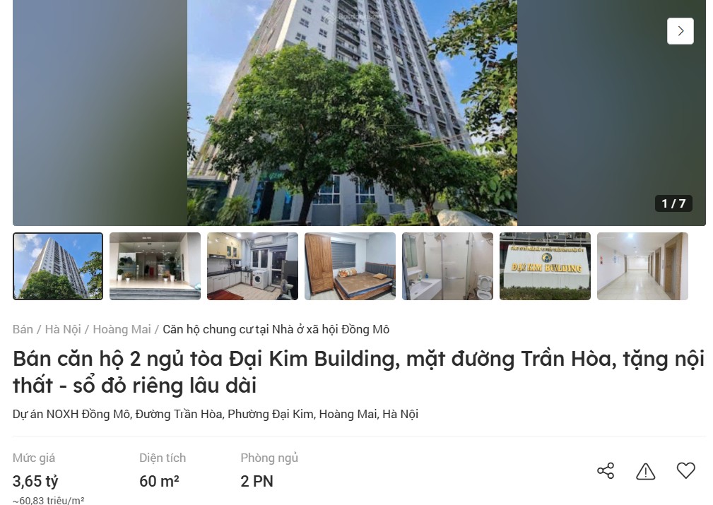 Nha o xa hoi Dong Mo (Dai Kim Building) dang duoc rao ban vuot 60 trieu dong/m2. Anh chup man hinh