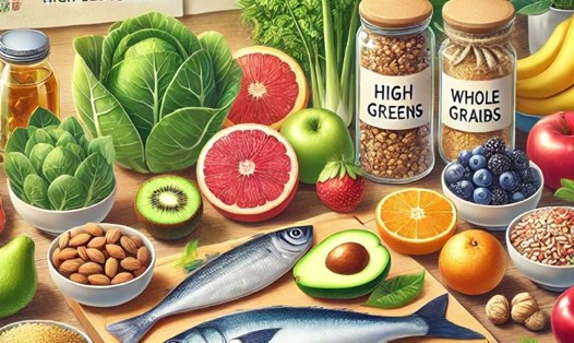 Dưới đây là một số gợi ý về thực phẩm và thói quen ăn uống giúp người đường huyết cao giảm cân an toàn. Ảnh AI