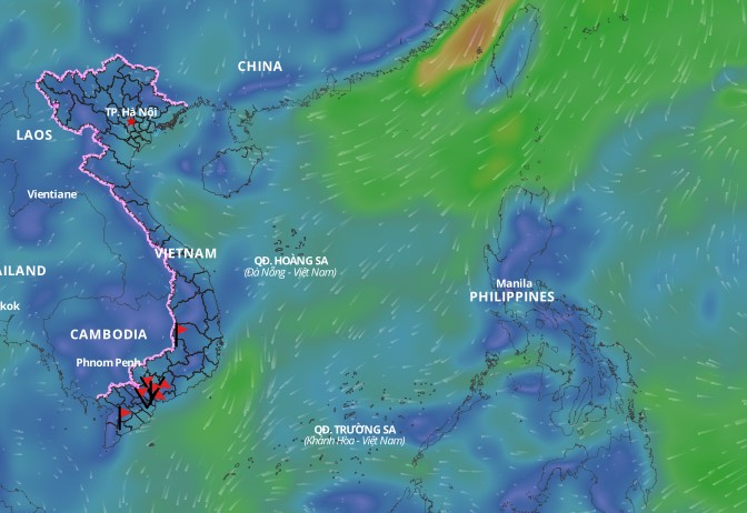 Cold air is forecast to cause bad weather in many areas of the East Sea. Above is the image of the wind direction layer over the sea updated at 12:00 on February 2. Photo: Vietnam Natural Disaster Monitoring System