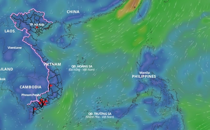 Cold air is forecast to cause bad weather in many areas of the East Sea. Above is the image of the wind direction layer over the sea updated at 12:00 on February 2. Photo: Vietnam Natural Disaster Monitoring System