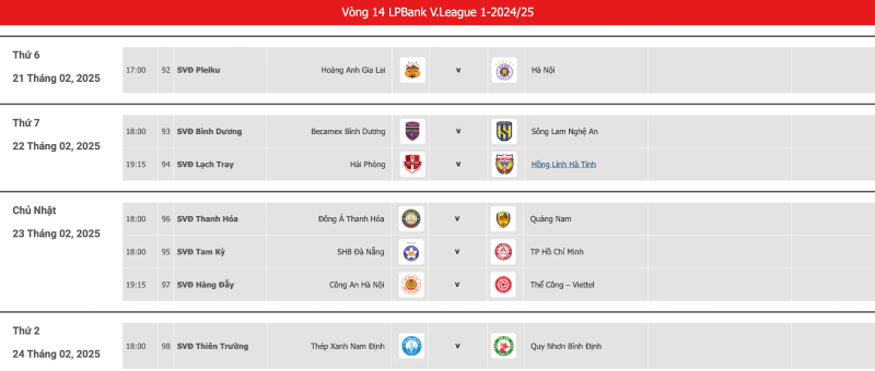 Lich thi dau vong 14 V.League 2024-2025. 