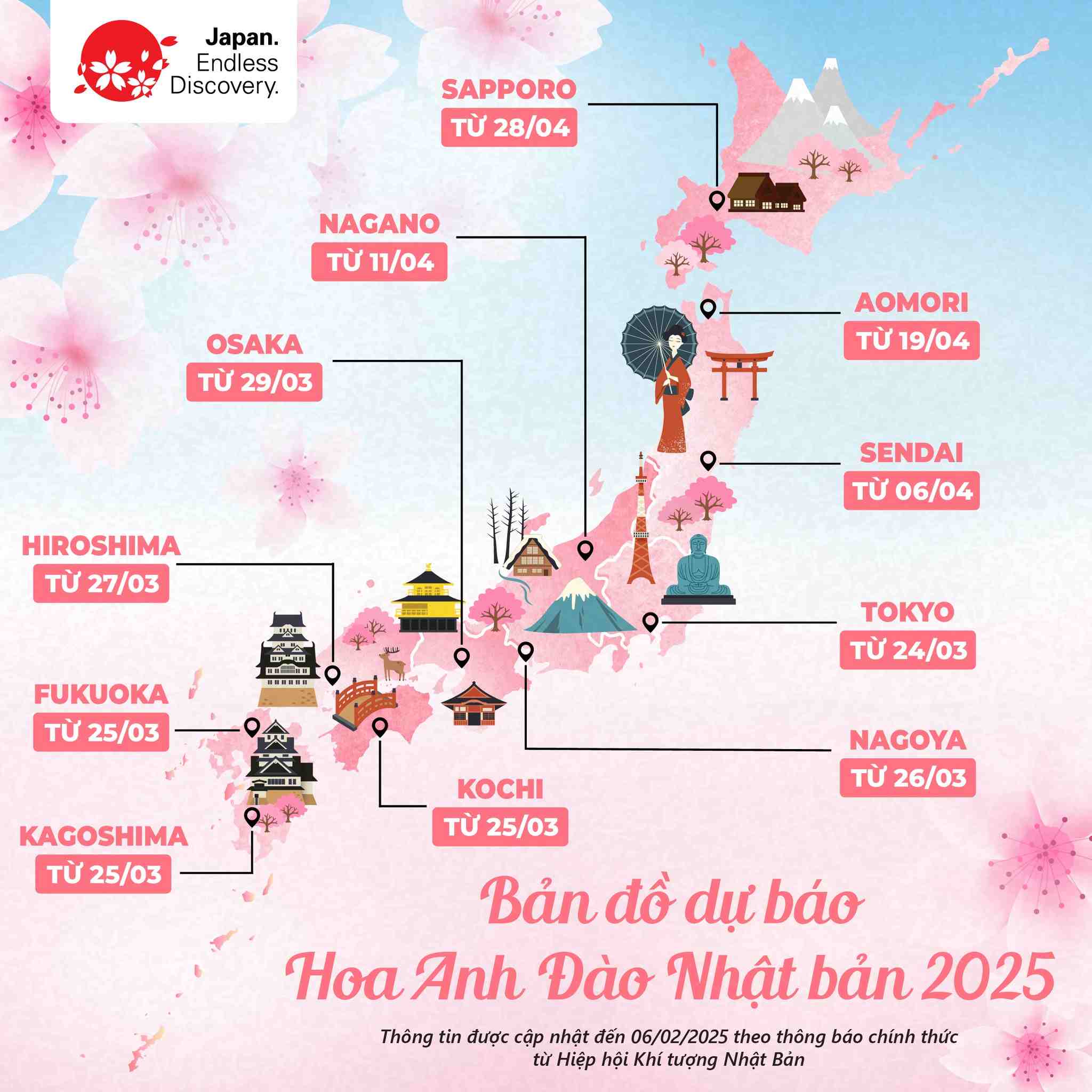 Du bao mua hoa anh dao Nhat Ban nam 2025. Anh: JNTO