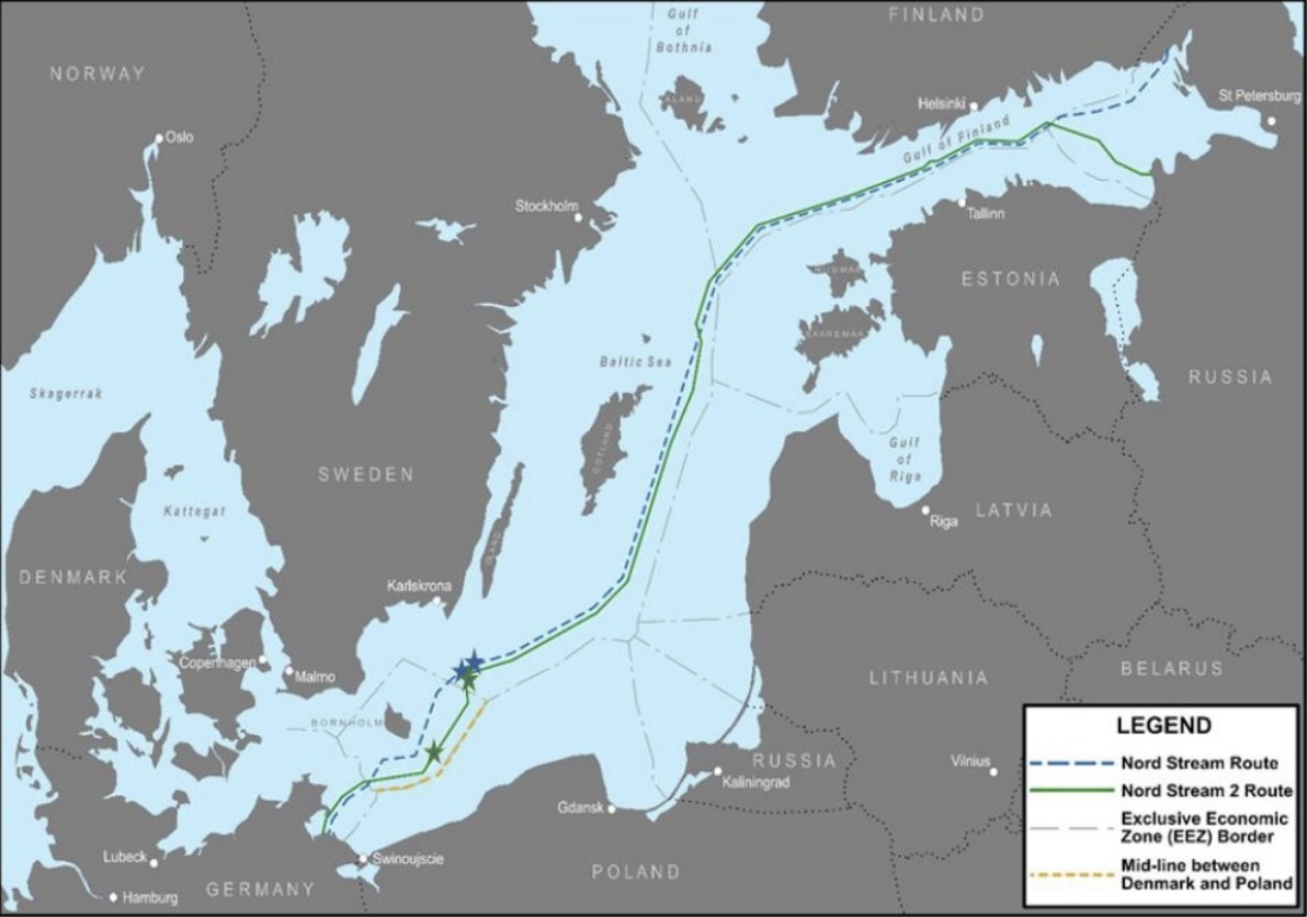 Duong ong Nord Stream 2 (mau xanh) va 2 diem bi hu hong trong cac vu no nam 2022 (ngoi sao). Anh: StreamTec Solutions