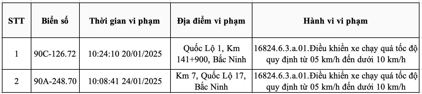 Danh sach phuong tien bien Ha Nam bi phat nguoi tu 20.1.2025 - 2.2.2025 CATP tai Bac Ninh. Nguon: Cong an tinh Bac Ninh