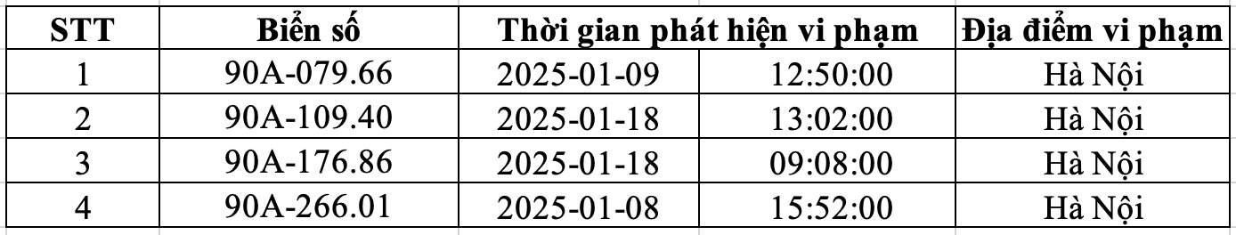 Danh sach phuong tien bien Ha Nam bi phat nguoi tu ngay 1-31.1.2025 CATP tai Ha Noi. Nguon: Cong an Ha Noi