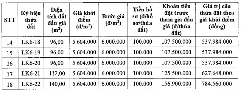 Chi tiet thong tin 18 thua dat trong phien dau gia ngay 14.3 tai huyen Me Linh. Anh chup man hinh