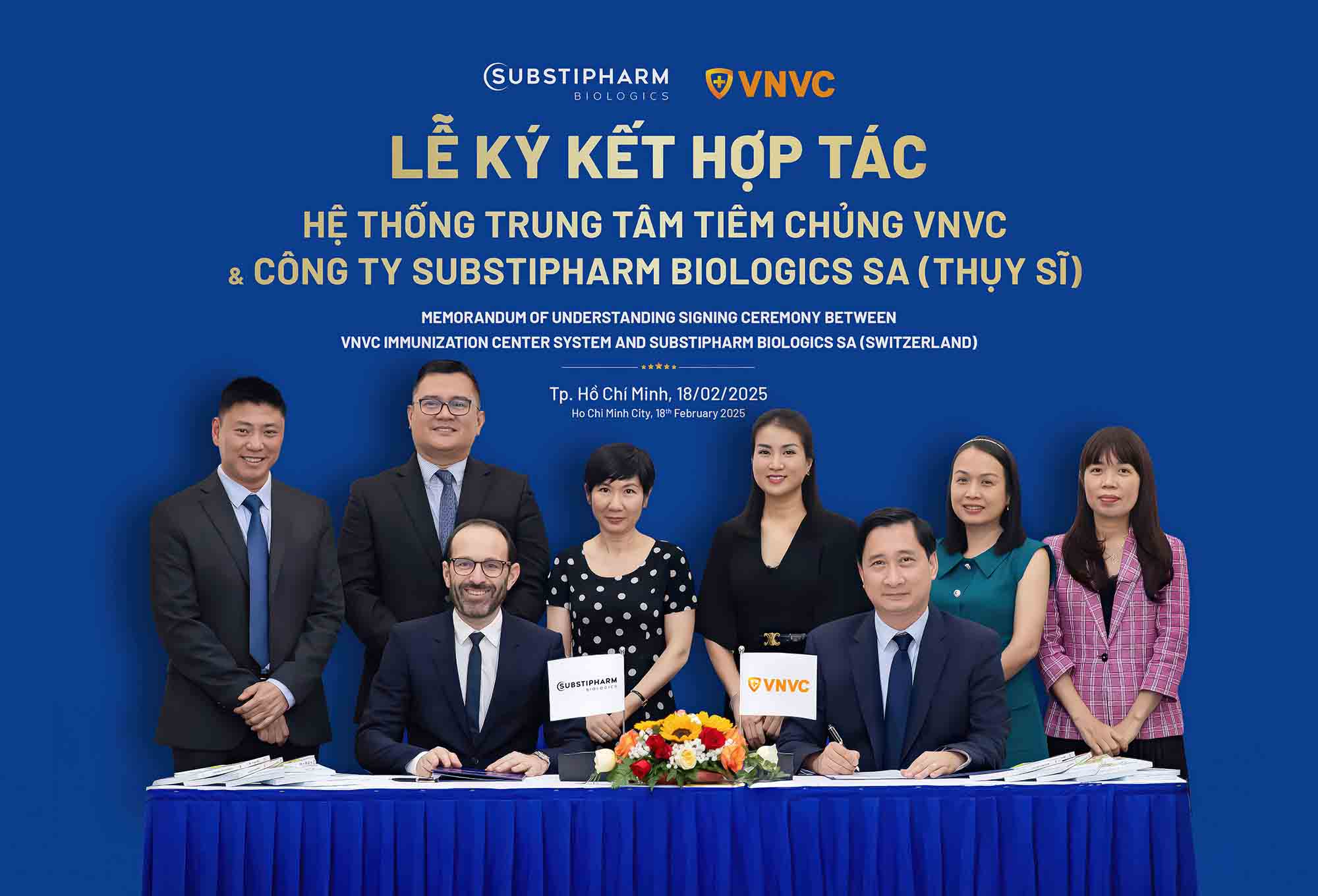 Ong Ngo Chi Dung, Chu tich Hoi dong quan tri, Tong Giam doc He thong trung tam tiem chung VNVC va ong Herve Profit, Giam doc Cap cao, Cong ty Substipharm Biologics (Thuy Si) ky ban ghi nho hop tac, huong den no luc som dua vaccine phong benh tay chan mieng ve Viet Nam. 