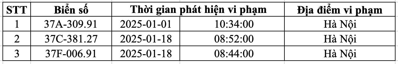 Danh sach phuong tien bien Nghe An bi phat nguoi tu ngay 1-31.1.2025 CATP tai Ha Noi. Nguon: Cong an Ha Noi