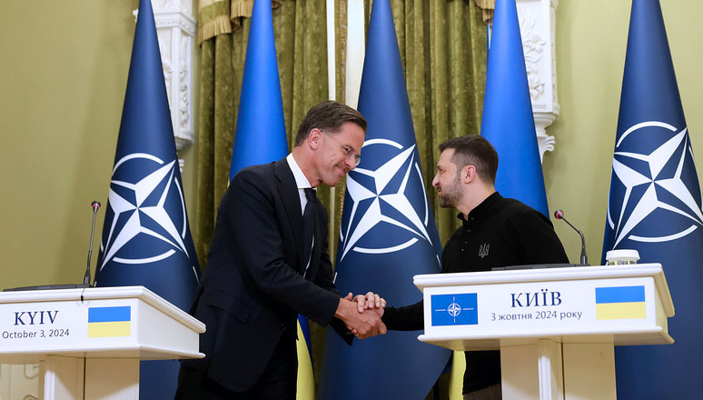 NATO Secretary General Mark Rutte shakes hands with Ukrainian President Volodymyr Zelensky during a meeting in Kiev on October 3, 2024. Photo: NATO