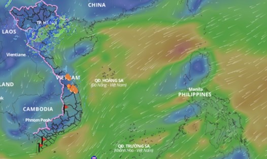 Dự báo không khí lạnh tiếp tục tác động đến thời tiết một số vùng biển thuộc Biển Đông. Trên đây là hình ảnh lớp hướng gió trên biển cập nhật hồi 16h30 ngày 25.2. Ảnh: Hệ thống Giám sát thiên tai Việt Nam