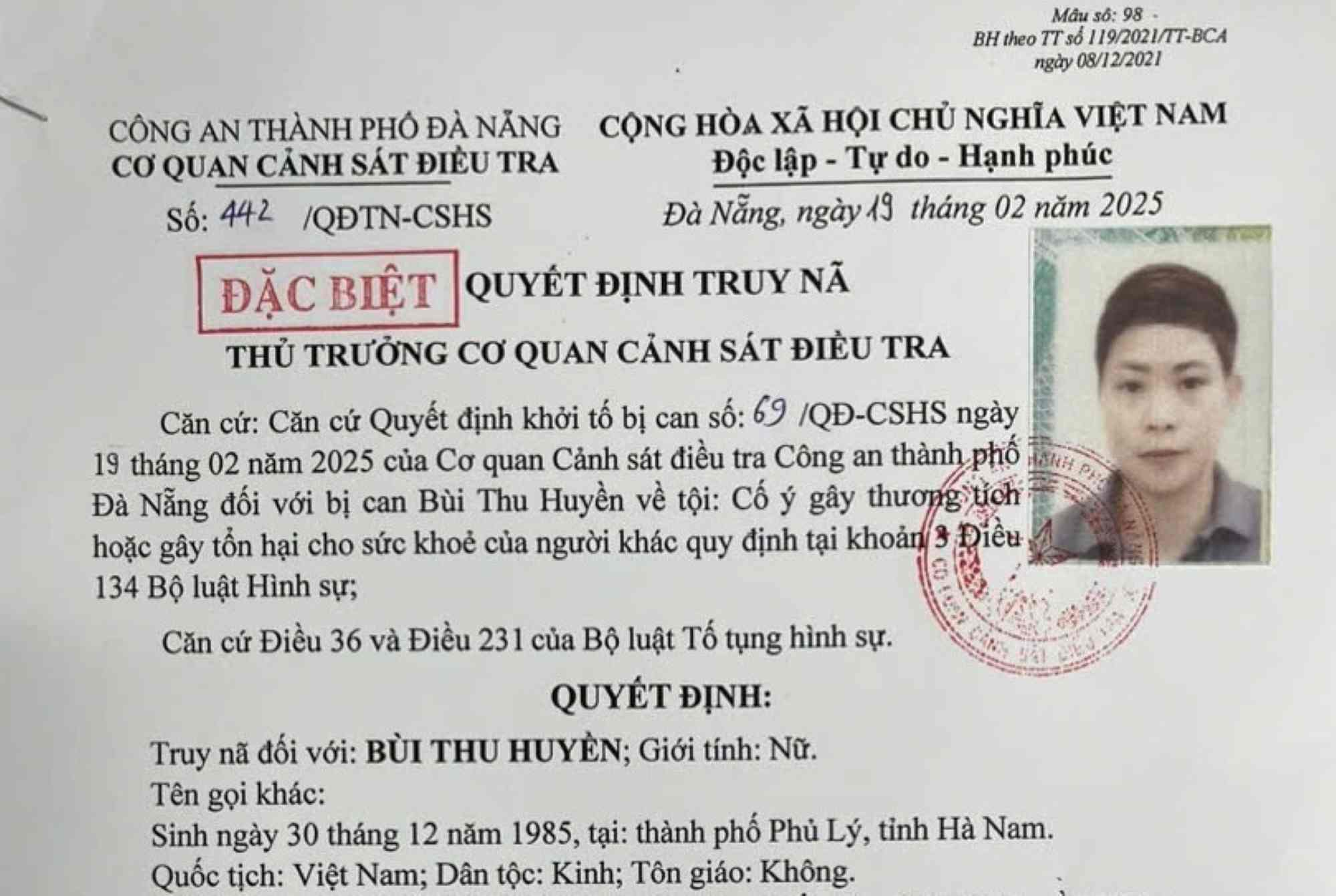 The Investigation Police Agency of Da Nang City Police issued a special wanted notice. Photo: Bao Ngoc