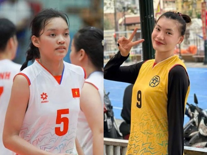 Anh Thao (trai) va Vi Thi Yen Nhi gop mat trong doi hinh LPB Ninh Binh o Cup Hoa Lu - Binh Dien 2025. Anh: Bong chuyen Viet Nam/FBNV 