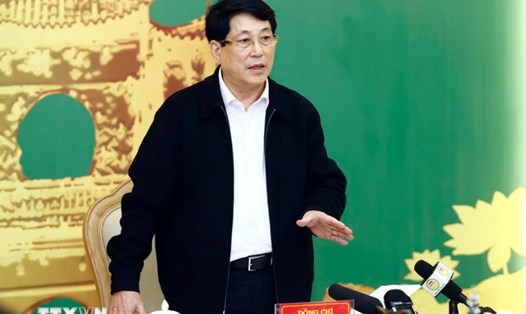 Ủy viên Bộ Chính trị, Chủ tịch nước Lương Cường - Trưởng Đoàn kiểm tra số 1907 của Bộ Chính trị - phát biểu tại Hội nghị. Ảnh: TTXVN