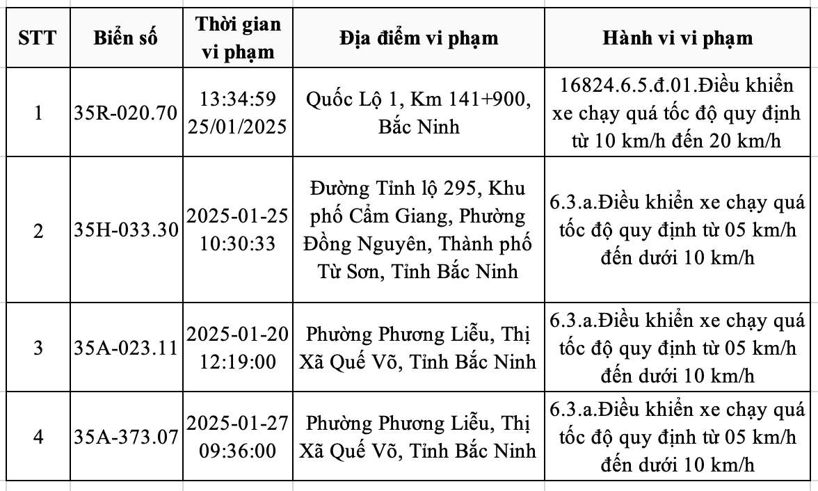 Danh sach phuong tien bien Ninh Binh bi phat nguoi tu 20.1.2025 - 2.2.2025 tai Bac Ninh. Nguon: Cong an tinh Bac Ninh