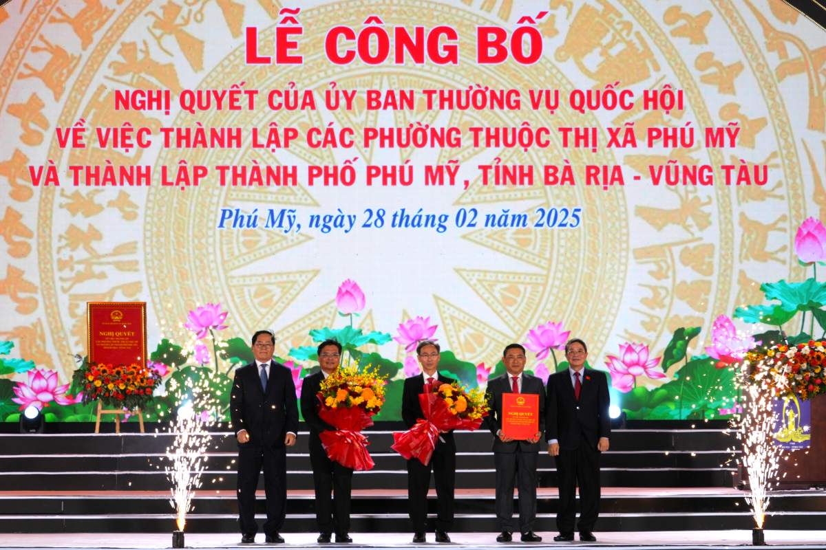 Presenting flowers and presenting the decision to the leaders of Phu My town on the evening of February 28. Photo: Thanh An