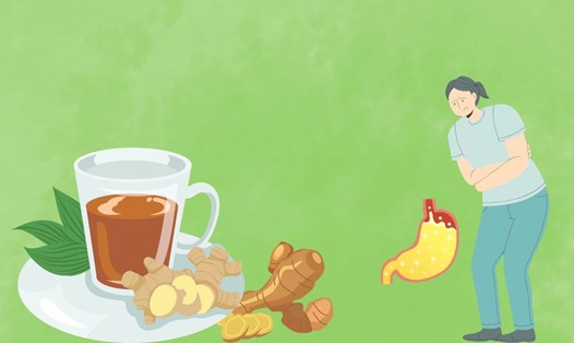Tác dụng của gừng trong việc làm giảm chứng ợ nóng, đầy hơi. Đồ họa: Minh Châu