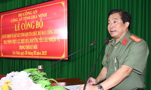 Đại tá Nguyễn Thanh Hải - Giám đốc Công an tỉnh 
phát biểu tại lễ công bố. Ảnh: Công an cung cấp