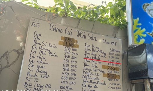 Bảng giá niêm yết tại quán ăn ở TP Vũng Tàu bị phản ánh vụ 4 con sò điệp. Ảnh: UBND TP Vũng Tàu