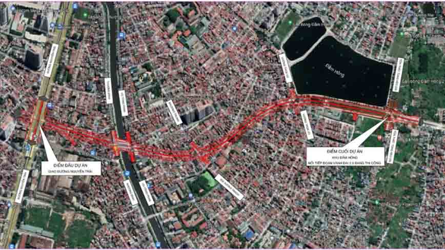 Hướng tuyến dự án đầu tư xây dựng đường Vành đai 2,5 đoạn Nguyễn Trãi - Đầm Hồng. Ảnh: Ban Quản lý dự án ĐTXD quận Thanh Xuân (Hà Nội) 