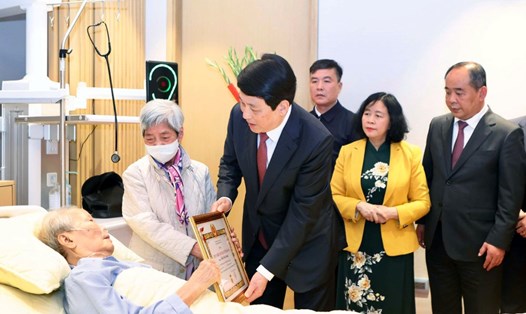 Chủ tịch nước Lương Cường trao tặng Huy hiệu 65 năm tuổi Đảng cho nguyên Chủ tịch nước Trần Đức Lương. Ảnh: Hải Nguyễn