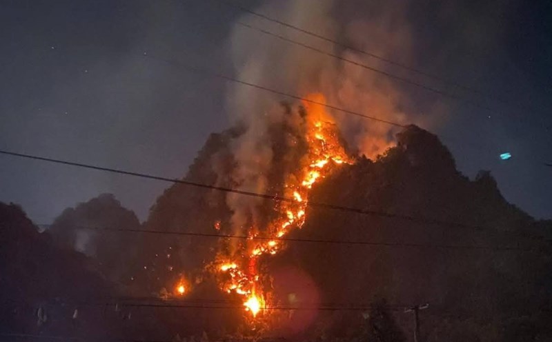 Forest fire in Ha Lang district on the evening of January 12. Photo: Tan Van