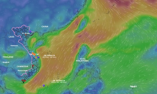 Dự báo không khí lạnh gây thời tiết xấu trên nhiều vùng biển thuộc Biển Đông. Trên đây là hình ảnh lớp hướng gió trên biển cập nhật hồi 11h ngày 4.2. Ảnh: Hệ thống Giám sát thiên tai Việt Nam