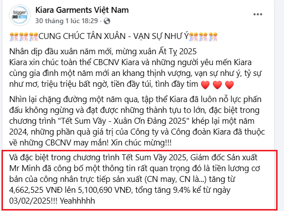 Thong bao tang luong co ban cua cong ty TNHH Kiara Garments Viet Nam. Anh chup man hinh.