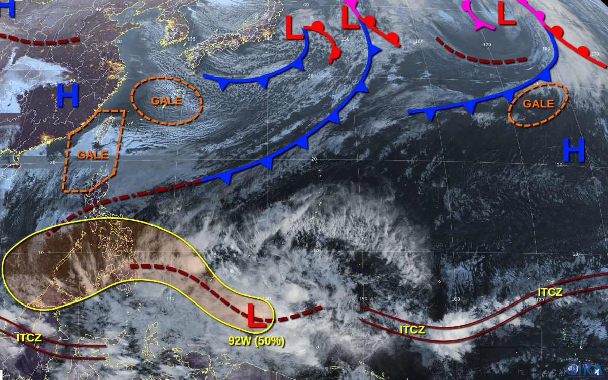 Low pressure near the Philippines (92W) has a 50% chance of strengthening into a tropical depression. Photo: JTWC