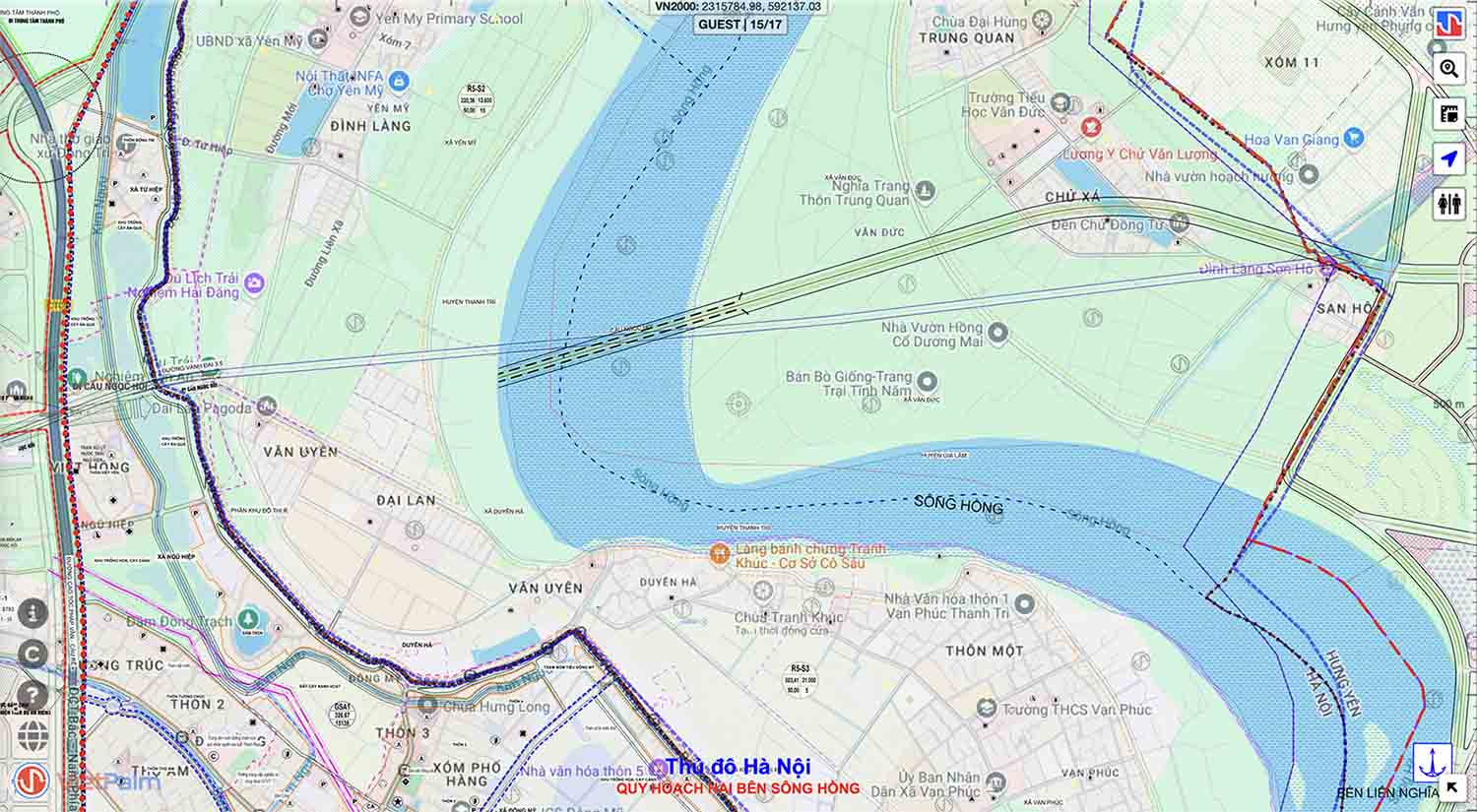 Vị trí xây dựng cầu Ngọc Hồi nối huyện Thanh Trì (Hà Nội) với huyện Văn Giang (Hưng Yên). Ảnh: Bản đồ quy hoạch Hà Nội