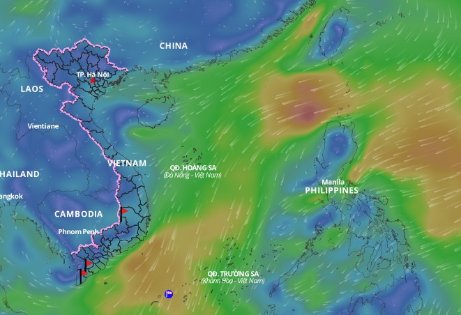 The cold front is forecast to intensify, causing bad weather in the Gulf of Tonkin and many sea areas in the East Sea. Above is the image of the wind direction layer over the sea updated at 4:00 p.m. on February 5. Photo: Vietnam Natural Disaster Monitoring System