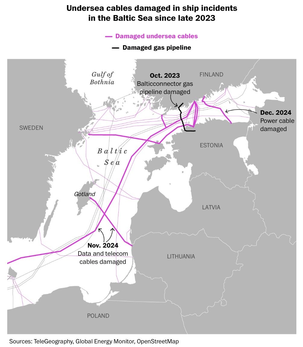 Cac tuyen cap va duong ong dan khi o Baltic bi dut t. Anh: TeleGeography, Global Energy Monitor, OpenStreetMa