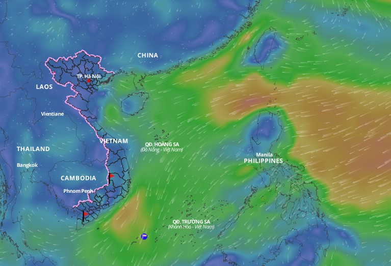 The cold front is forecast to intensify, causing bad weather in the Gulf of Tonkin and many sea areas in the East Sea. Above is the image of the wind direction layer over the sea updated at 11:30 on February 6. Photo: Vietnam Natural Disaster Monitoring System