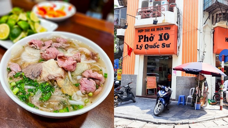 Pho 10 Ly Quoc Su la thuong hieu khong con xa la voi nhung nguoi yeu am thuc Ha Noi. Pho tai day duoc danh gia cao nho nuoc dung thanh ngot, trong va dam da, ninh tu xuong bo trong nhieu gio. Soi pho mem mai, thom mui gao, ket hop hoan hao voi cac loai thit bo tuoi ngon nhu tai, chin, nam, gau va gan. Anh: Michelin Guide