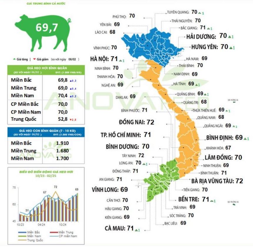 Cập nhật giá lợn toàn quốc ngày 7.2.2025. Nguồn: Anova Feed