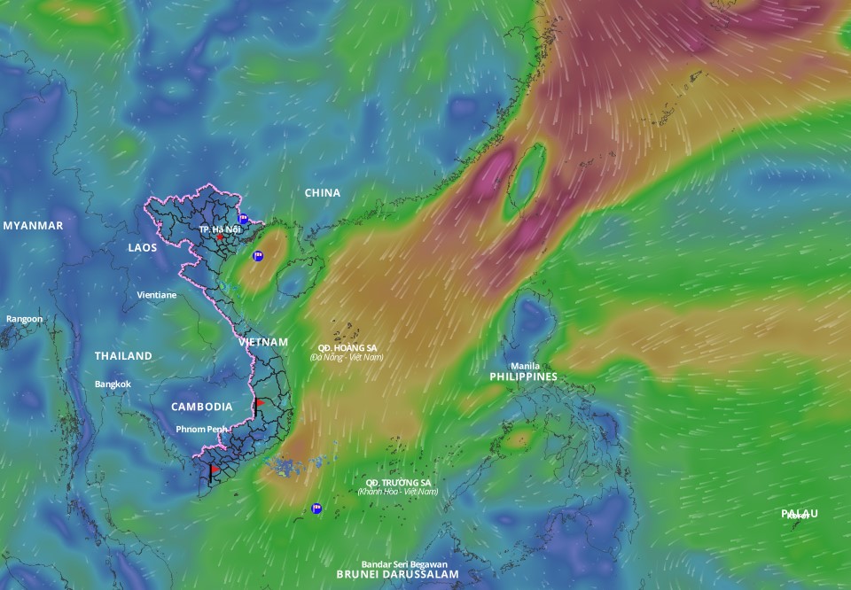 Forecast of cold air is about to increase bad weather on Gulf of Tonkin and many waters in the South China Sea. Above is the image of the wind direction on the sea updated at 17h15 on 7.2. Photo: Vietnam's natural disaster monitoring system