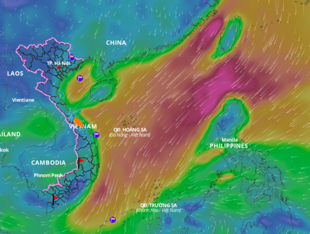 Forecast of cold air continues to cause bad weather on Gulf of Tonkin and many waters in the South China Sea. Above is the image of the wind direction on the sea updated at 10am on 8.2. Photo: Vietnam's natural disaster monitoring system