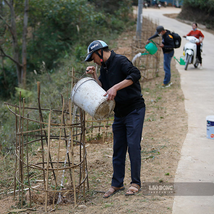 Can bo, giao vien, nhan vien truong Tieu hoc Ngoi Cay – huyen Muong Ang cham soc hoa doc duong noi ban Nam Cum.