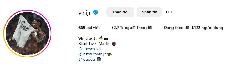 Hinh anh dai dien moi cua Vinicius Jr tren trang ca nhan Instagram