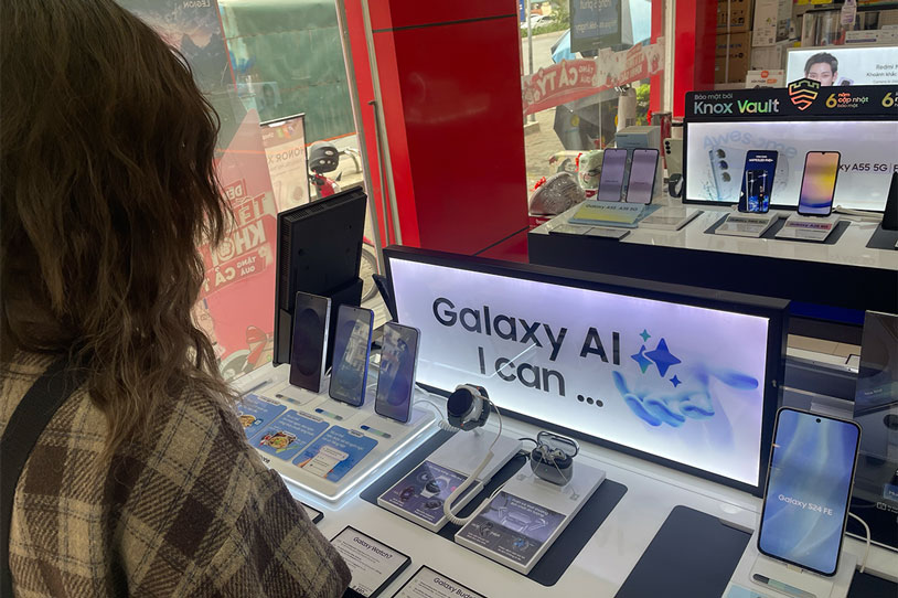 Khach hang dang trai nghiem mau dien thoai moi nhat cua SamSung. Anh: Bui Duc