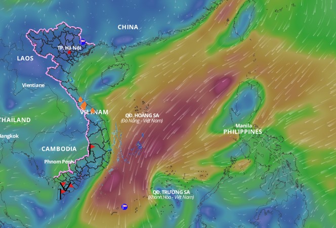 Forecast of cold air and low pressure groove causing bad weather in many waters in the South China Sea. Above is the image of the wind layer in the sea updated at 11:30 am on 9.2. Photo: Vietnam's natural disaster monitoring system