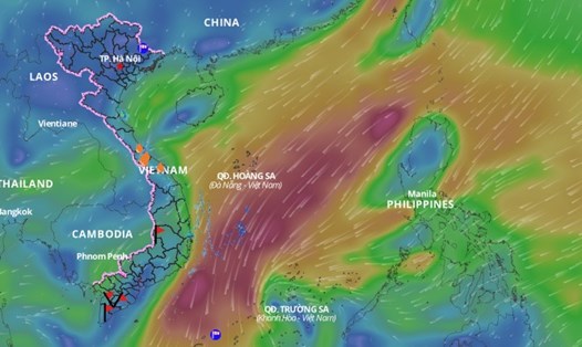 Dự báo không khí lạnh và rãnh áp thấp gây thời tiết xấu trên nhiều vùng biển thuộc Biển Đông. Trên đây là hình ảnh lớp hướng gió trên biển cập nhật hồi 11h30 ngày 9.2. Ảnh: Hệ thống Giám sát thiên tai Việt Nam