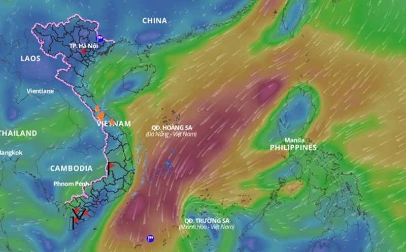 Forecast of cold air and low pressure groove causing bad weather in many waters in the South China Sea. Above is the image of the wind layer in the sea updated at 11:30 am on 9.2. Photo: Vietnam's natural disaster monitoring system