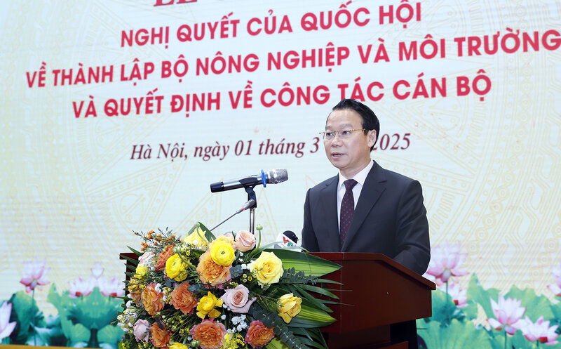 Bộ trưởng Đỗ Đức Duy phát biểu tại Lễ công bố Nghị quyết của Quốc hội về thành lập Bộ Nông nghiệp và Môi trường và Quyết định về công tác cán bộ. Ảnh: Khương Trung