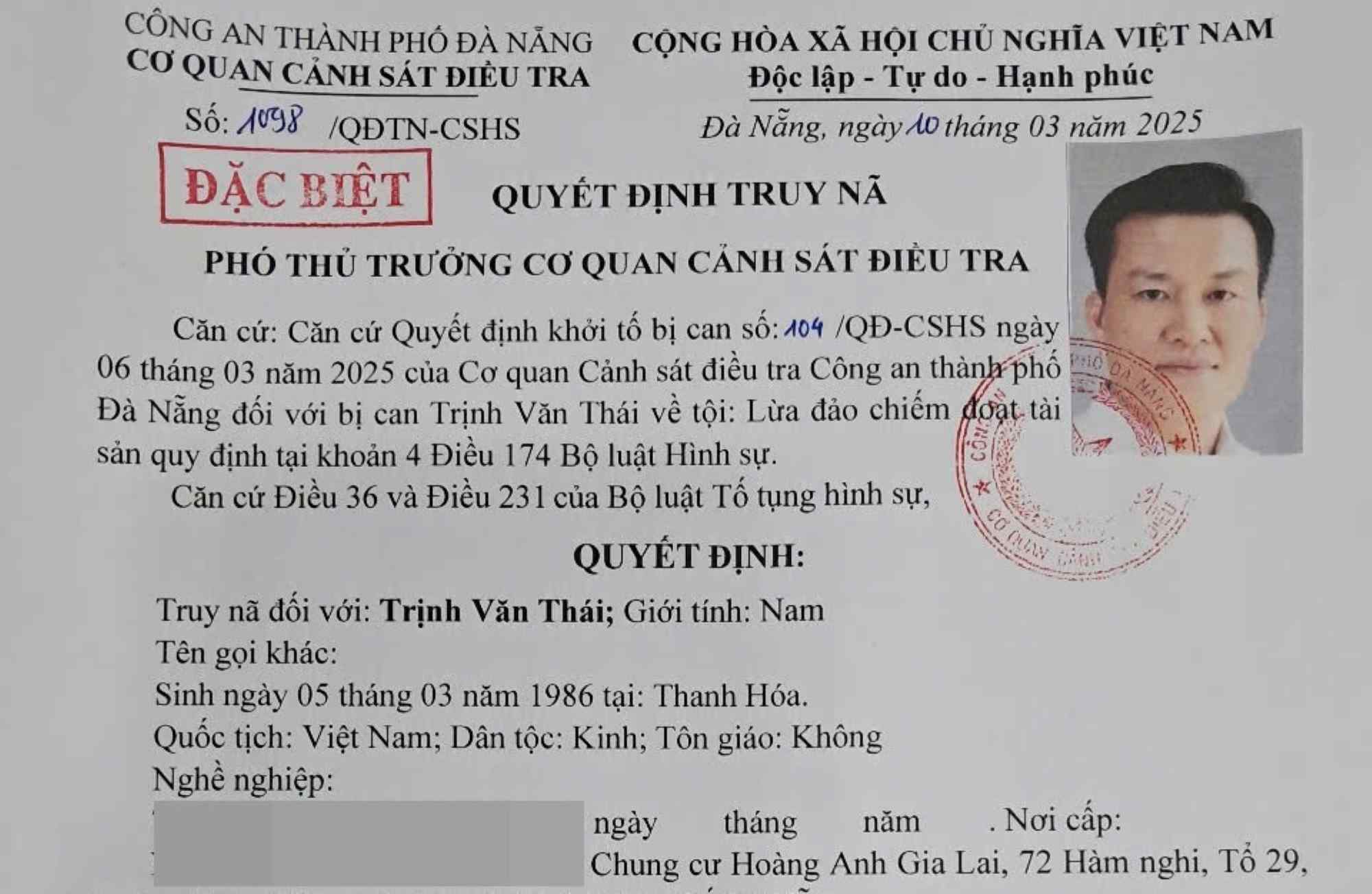 The "special" wanted notice of Da Nang Police for Trinh Van Thai. Photo: Bao Ngoc