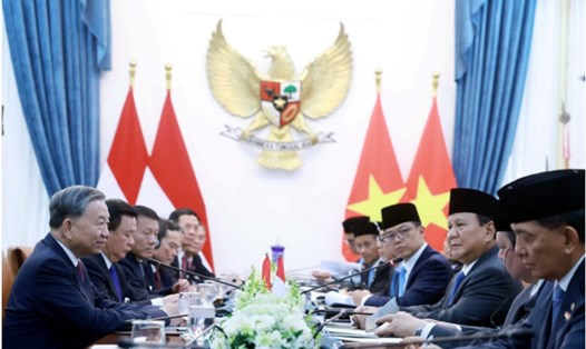 Tổng Bí thư Tô Lâm hội đàm với Tổng thống Indonesia Prabowo Subianto. Ảnh: TTXVN